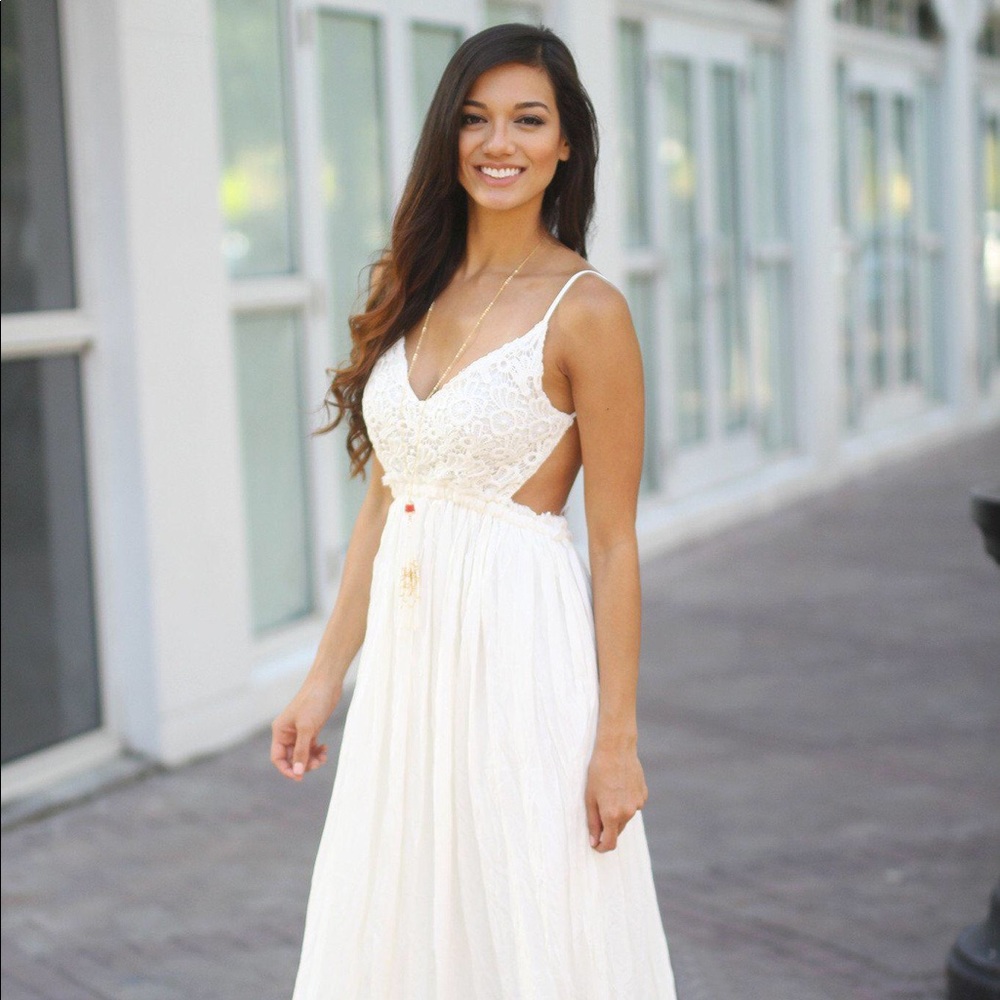 White Lace Maxi Dress w Open Back and Frayed Hem